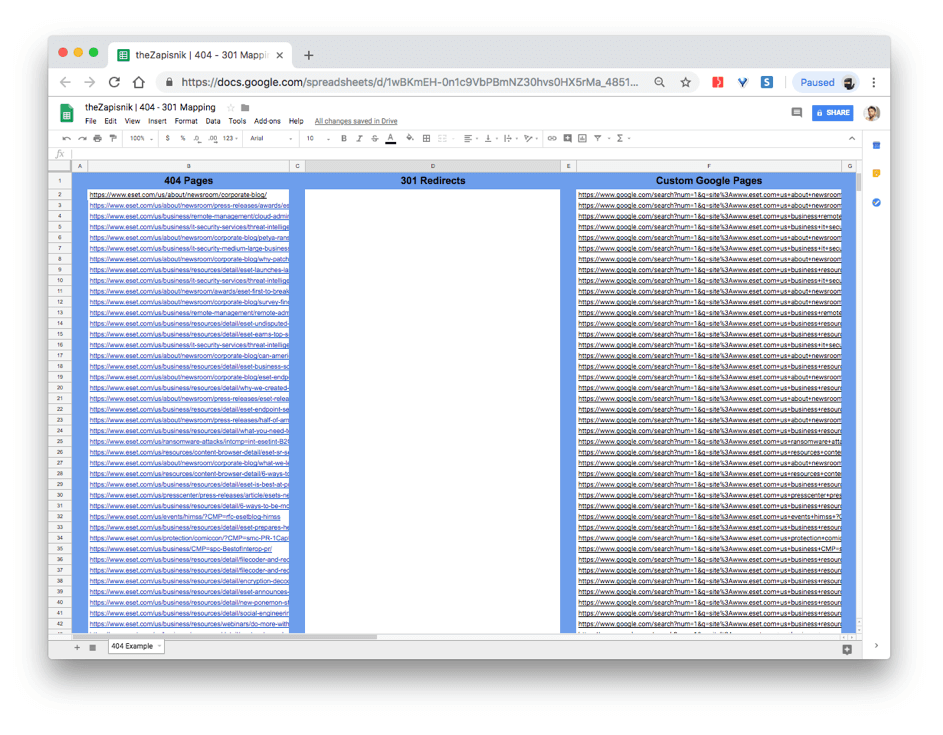 404 - 301 mapovanie stránok: Google Sheet