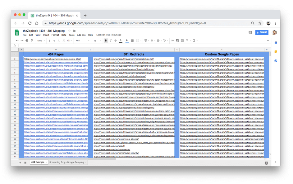 404 - 301 mapovanie stránok: Google Sheet