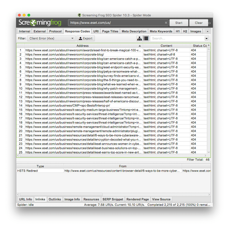 Screaming Frog: 404 URLs - Eset