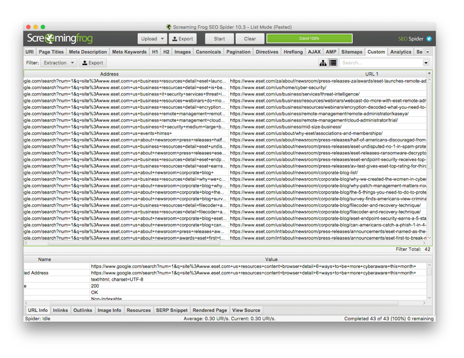 Screaming Frog - Custom Extraction Report