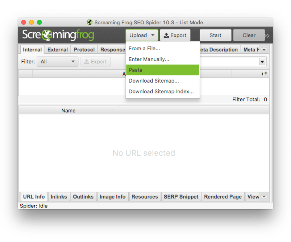 Screaming Frog - Paste URLs
